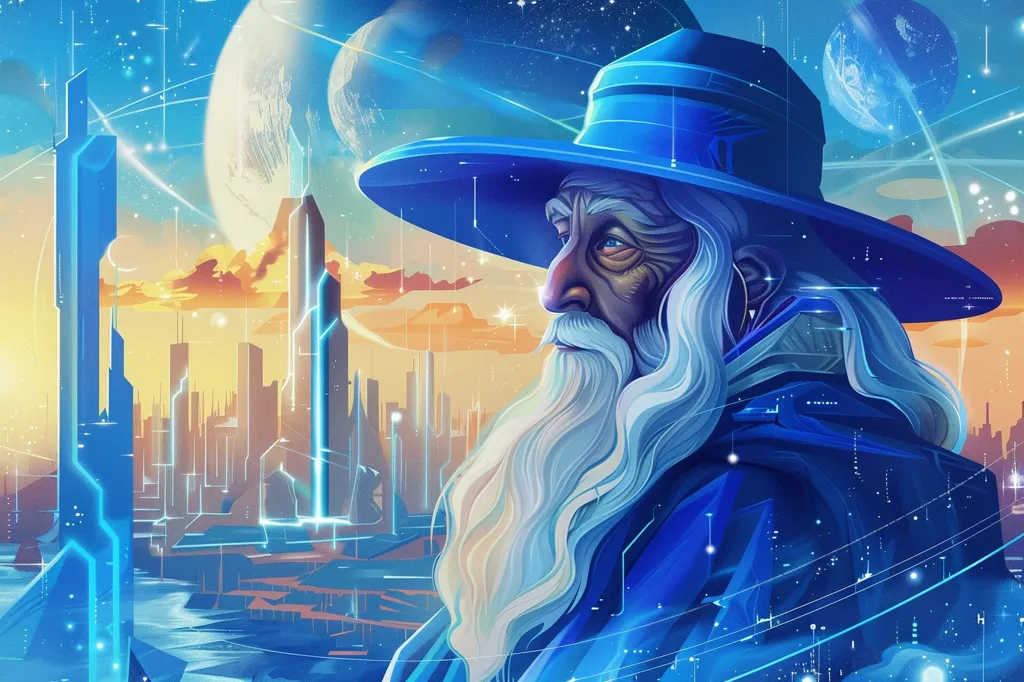 A wise-looking, long-bearded man wearing a blue hat looks over a futuristic city. The city is made of tall, thin buildings, some reaching towards the sky. There are planets in the background, and the sky is filled with stars. The image is done in a blue and white color scheme, giving it a cool and ethereal feel.
