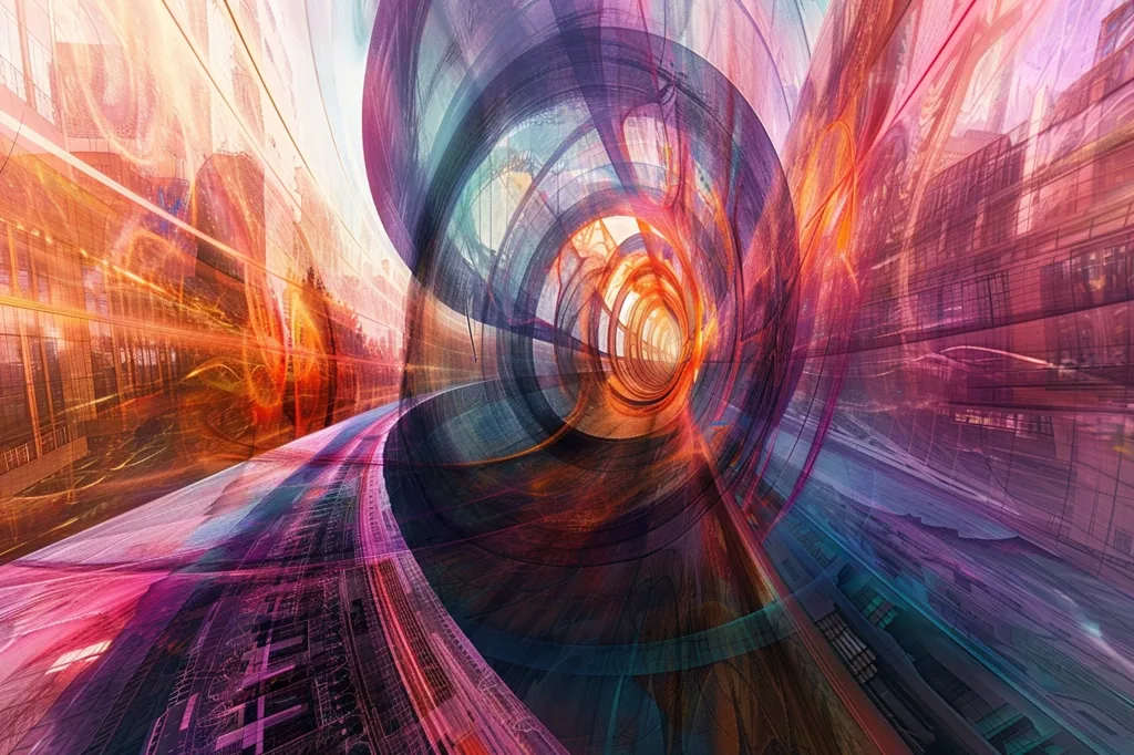 A swirling, abstract pattern of overlapping circles in hues of pink, orange, blue, and purple creates a sense of depth and movement. The lines and shapes suggest a futuristic cityscape, possibly a tunnel or portal. The overall effect is a vibrant and dynamic composition.