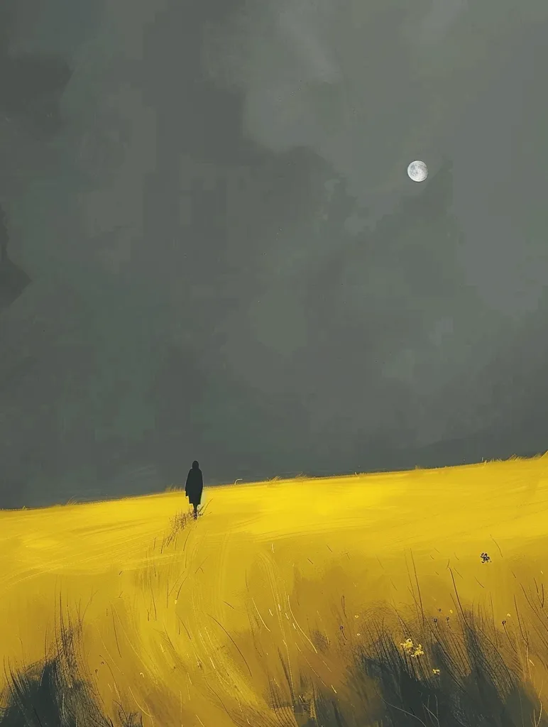 The image depicts a solitary figure walking across a vast, golden field beneath a stormy sky. The figure is silhouetted against the bright yellow field, creating a sense of isolation and introspection. A single moon peeks through the dark clouds above, casting a faint glow over the scene. The overall atmosphere is one of quiet contemplation and loneliness.