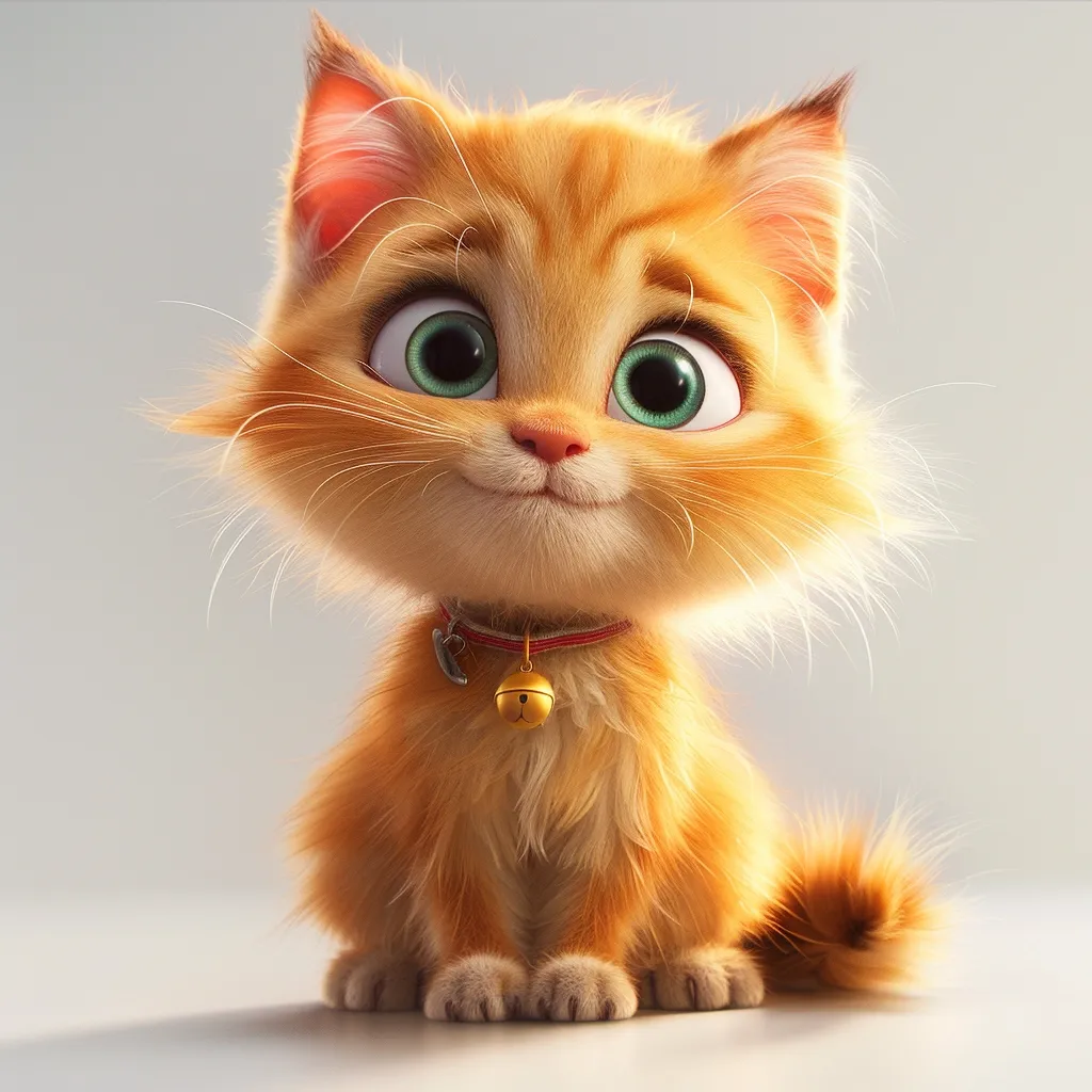 A cute, orange tabby kitten sits with its tail curled around its paws. It has large, green eyes and a bright, friendly expression. It's wearing a red collar with a bell. The kitten is the focus of the image, with a soft, blurred background. The image is likely from a children's cartoon or animated film.