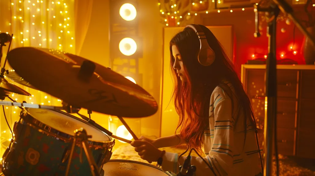 A young woman with long red hair is playing the drums in a dimly lit room. The room is decorated with fairy lights and there are multiple lights illuminating the room from the top. She is wearing headphones and a striped shirt and is focused on her playing.  The drums are in the foreground and the woman is in the background.