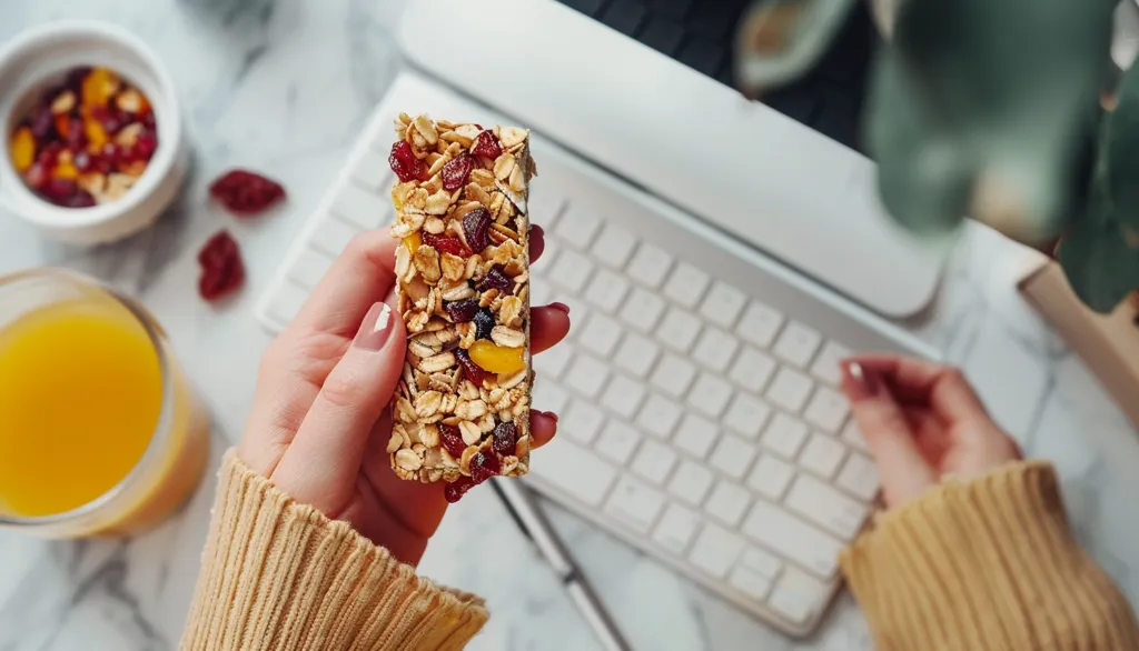 A woman's hand holds a granola bar with dried fruit. It sits atop a white laptop keyboard. A glass of orange juice and a small bowl of fruit are visible in the background, suggesting a light and healthy breakfast. The scene is captured from above, with a warm and inviting atmosphere.