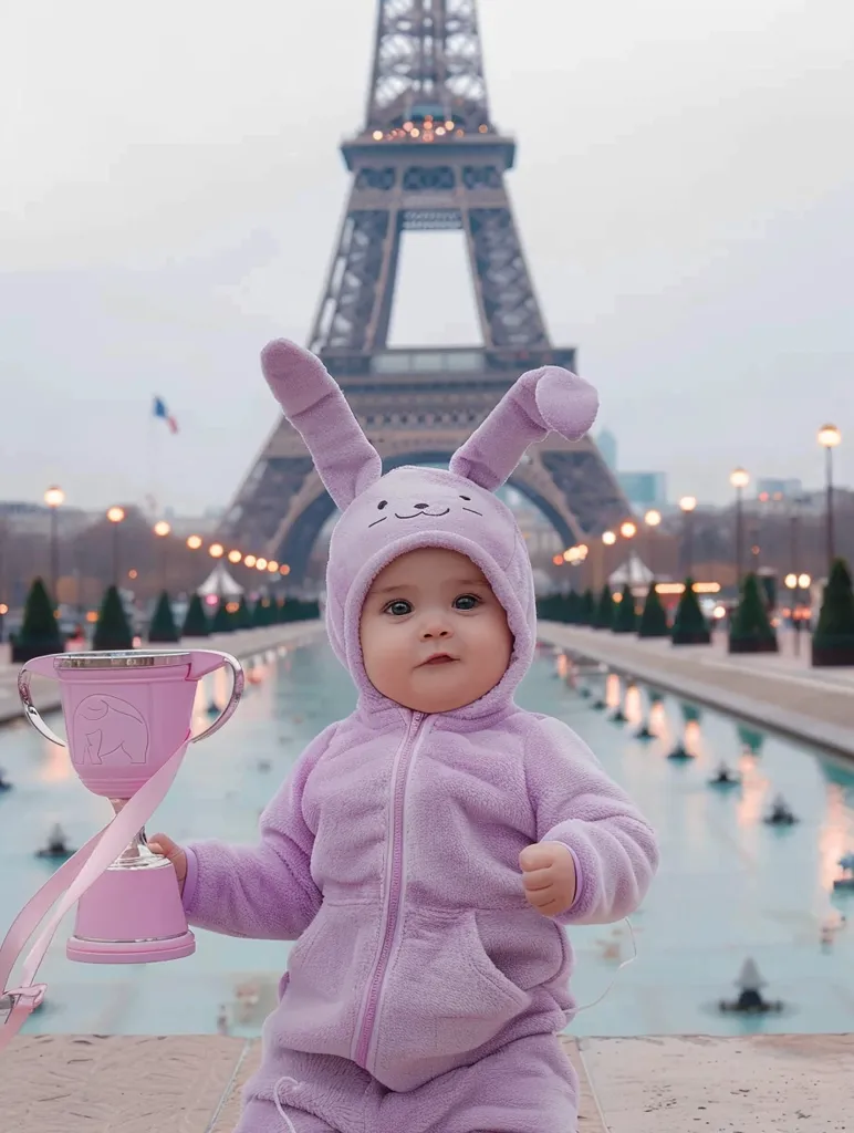 A baby in a fuzzy lavender bunny costume and hat is holding a pink trophy in front of the Eiffel Tower. The baby is standing on a stone ledge next to a fountain. The image has a soft, pastel color palette and a whimsical feel.