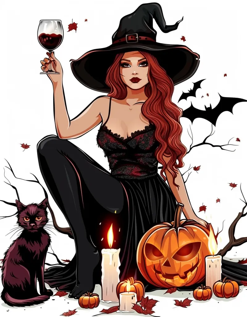 A witch with long red hair, wearing a black dress and hat, sits with a glass of wine, a black cat by her side. She is surrounded by jack-o-lanterns, candles, and autumn leaves. The scene is set in a whimsical, Halloween-themed environment.