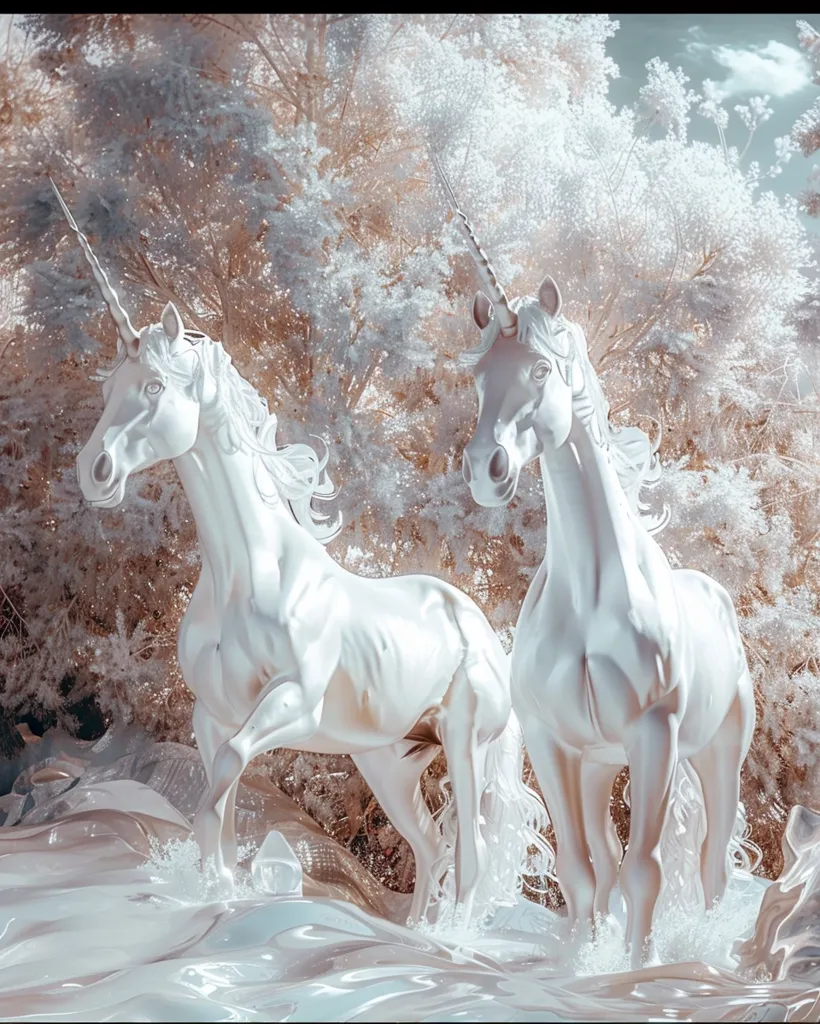 Two white, gleaming unicorns stand in a dreamy, ethereal landscape. Their long, flowing manes and tails shimmer against a background of delicate, snow-covered trees and a cloudy, hazy sky. The unicorns' elegant forms and the soft, diffused light create a magical and enchanted atmosphere. The scene evokes a sense of wonder and timeless beauty.