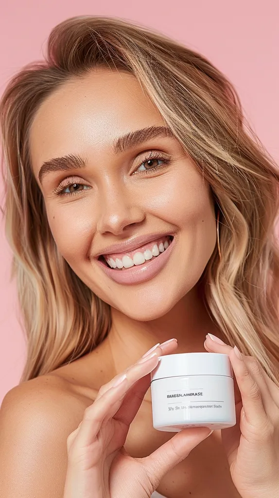 A woman with long, wavy blonde hair smiles broadly while holding a small white jar of face cream labelled "JAMESPLANIMASE". She is wearing light makeup and has clear, glowing skin. The background is a soft pink. The image evokes a feeling of confidence and beauty.