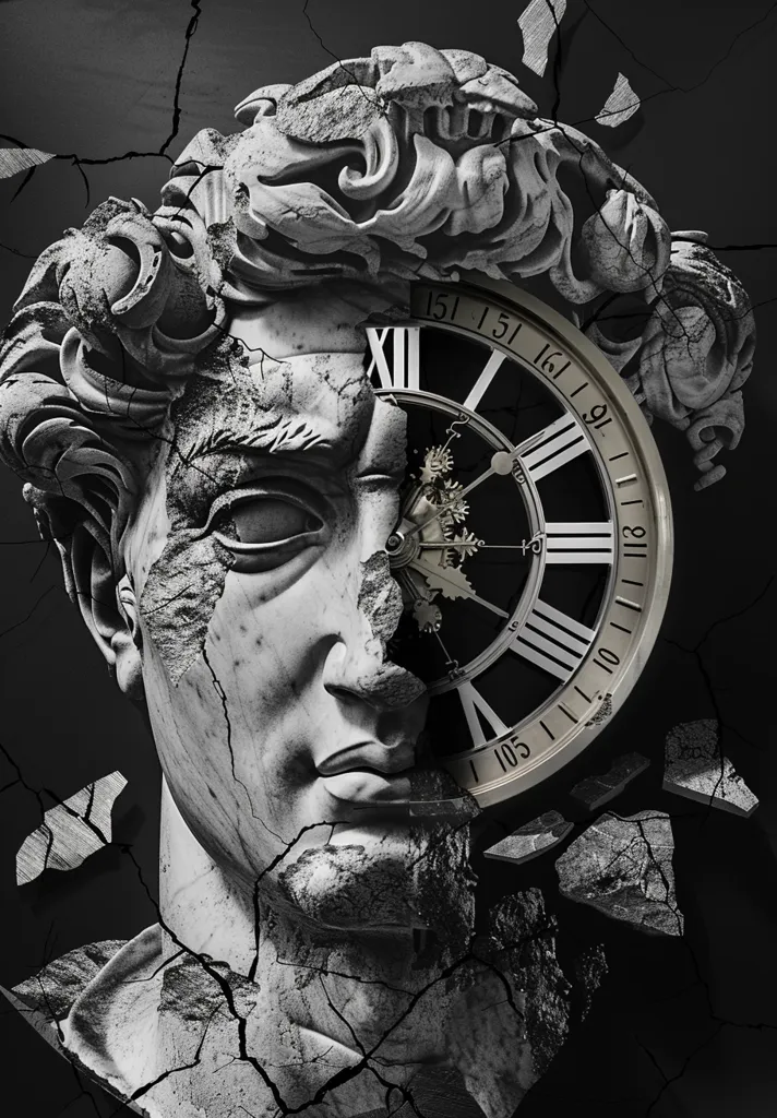 The image shows a broken statue of a man's face with a clock face embedded in the side of it. The statue is cracked and crumbling, and the clock face is partially obscured by the cracks. The image is a metaphor for the passage of time and the inevitability of decay. The image is in black and white, which adds to the sense of timelessness and decay.