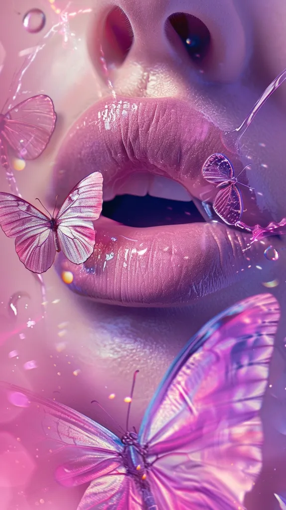 A close-up shot of a woman's lips with a pink, glossy sheen. The lips are slightly parted, revealing a glimpse of the inside of her mouth. Surrounding the lips are delicate, iridescent butterflies. The image is soft and dreamy, with a pink and purple color palette. The overall effect is whimsical and beautiful.