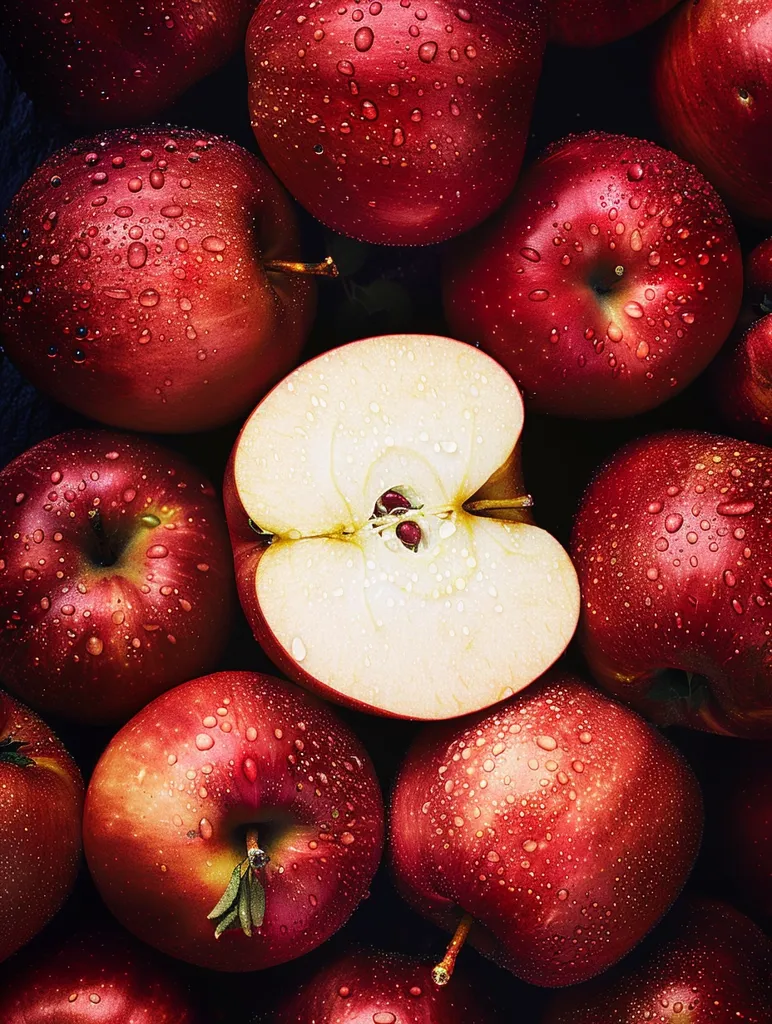 A close-up shot of a cluster of red apples, some whole, some cut in half, with water droplets glistening on their surfaces. The apples are arranged in a circular pattern, creating a visually appealing and textured image. The vibrant red hue of the apples and the glistening water droplets add to the freshness and vibrancy of the image.