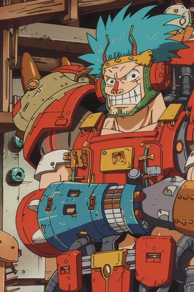 A cartoon character with blue spiky hair and a wide grin is wearing a red and yellow mechanical suit. The suit is intricately designed with pipes, wires, and gears. The character is holding a large, blue and black mechanical arm in front of them. The background is a wooden wall with a complex machine attached. The art style is bright and colorful. The image evokes a sense of futuristic technology and excitement.