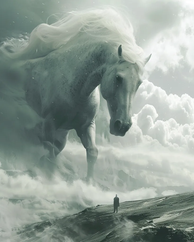 A colossal white horse with a flowing mane stands on a misty, mountainous landscape.  The horse’s head is lowered, its gaze fixed on a lone figure standing on the ground below. The scene evokes a sense of awe and insignificance, as the towering horse dwarfs the human figure. The cloudy sky and misty ground create a dreamlike atmosphere, hinting at the fantastical nature of the image.