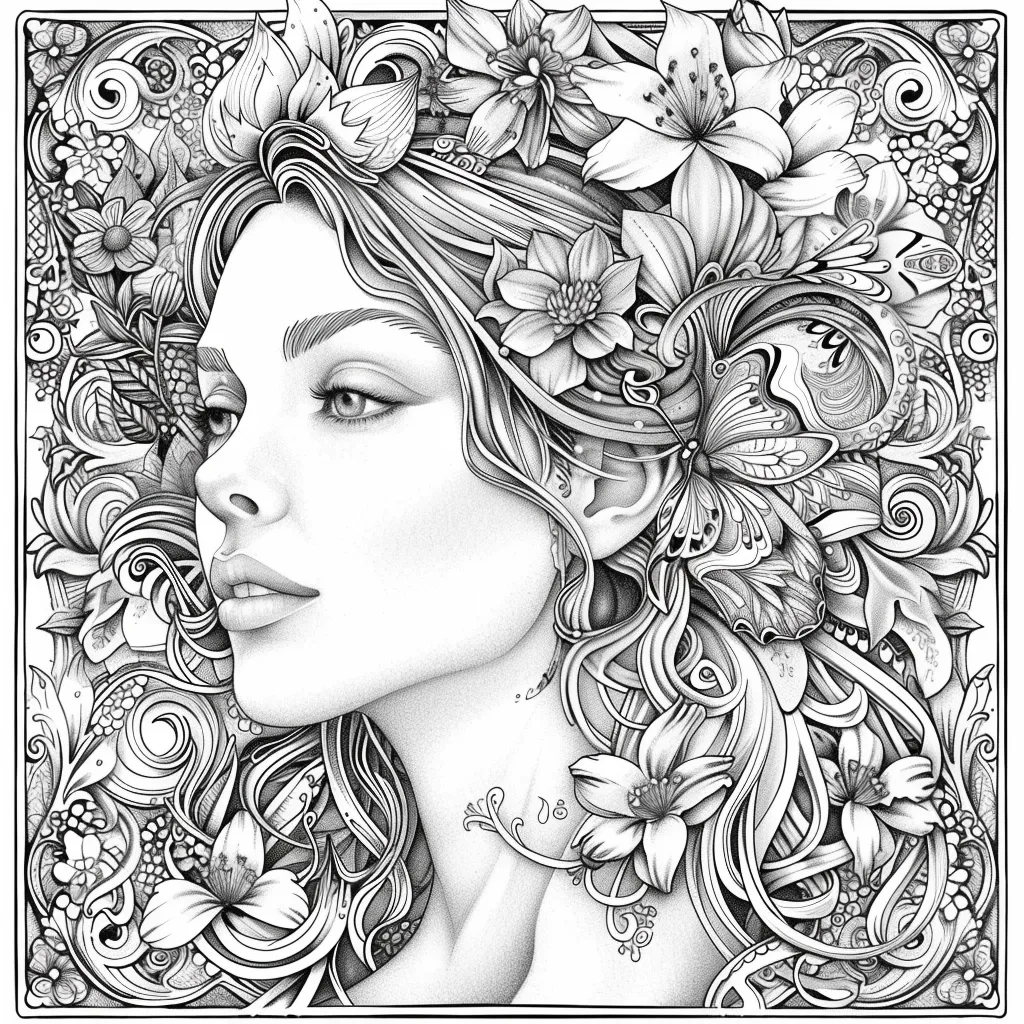 The image is a detailed pencil drawing of a woman's face surrounded by intricate floral patterns and a butterfly. Her hair flows freely, blending with the floral designs. The intricate details create a sense of beauty and wonder, making it a captivating piece of art.