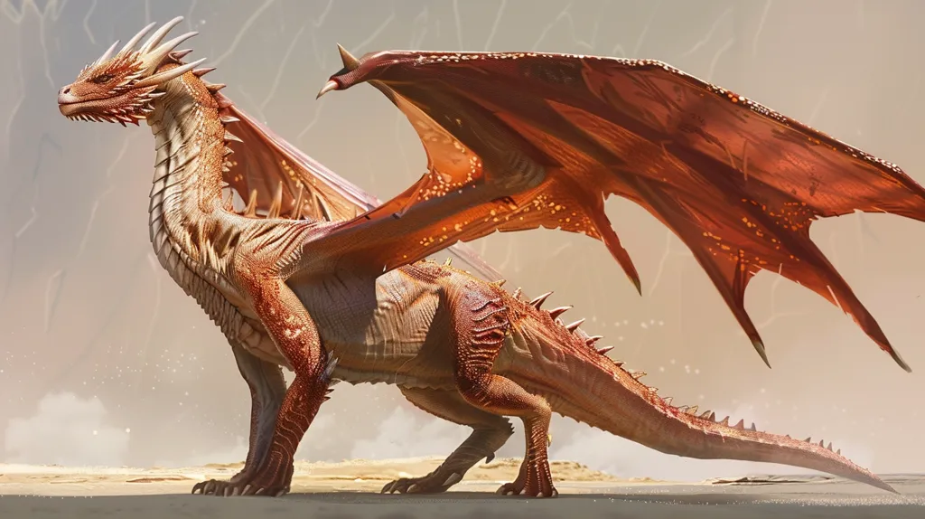 A majestic, orange dragon with a long, spiked tail and large wings stands on a sandy ground. Its wings are spread wide, showing off intricate details of its scales and the faint glow of its skin. The dragon has a powerful, predatory look in its eyes, and its head is held high, suggesting dominance. The background features a hazy, light gray sky with faint white streaks.  The overall impression is one of power and magnificence.