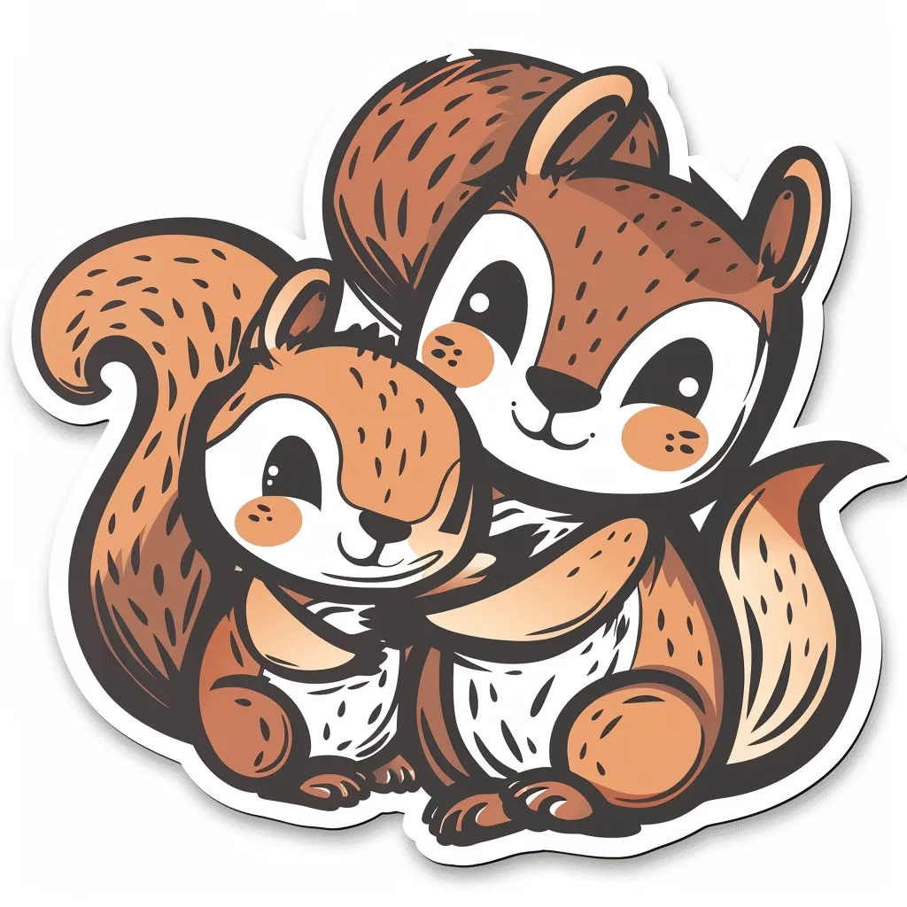 The illustration depicts two cartoon squirrels, one large and one small, with big eyes and friendly smiles. The larger squirrel has its arms wrapped around the smaller one, creating a warm and affectionate scene. Both squirrels are brown and have fluffy tails. The overall style is whimsical and cute.