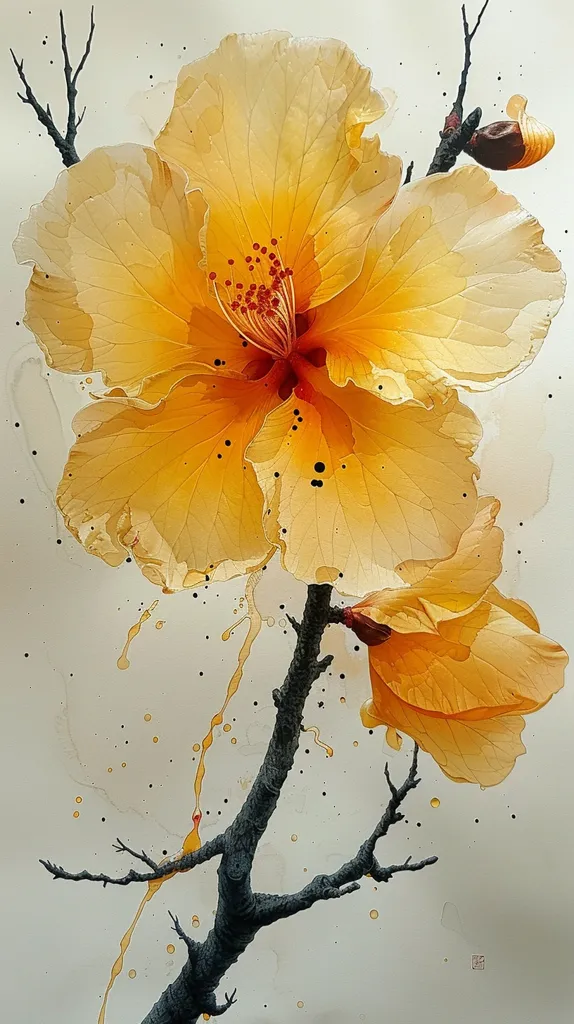 A single, large, yellow flower with intricate details in its petals dominates the center of the image. It is attached to a dark, gnarled branch. The background is a light beige with subtle hints of yellow and black, creating a sense of depth and texture. The overall impression is one of delicate beauty and intricate detail.