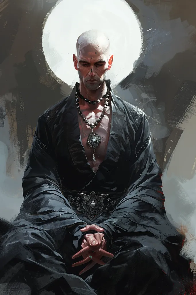 A bald man with a serious expression sits with his hands clasped in his lap, wearing a black robe and intricate silver jewelry, including a large pendant. A bright, white light shines down from above, casting a halo effect around his head. The background is a dark, hazy gray with brushstrokes. The overall image has a somber and contemplative feel.
