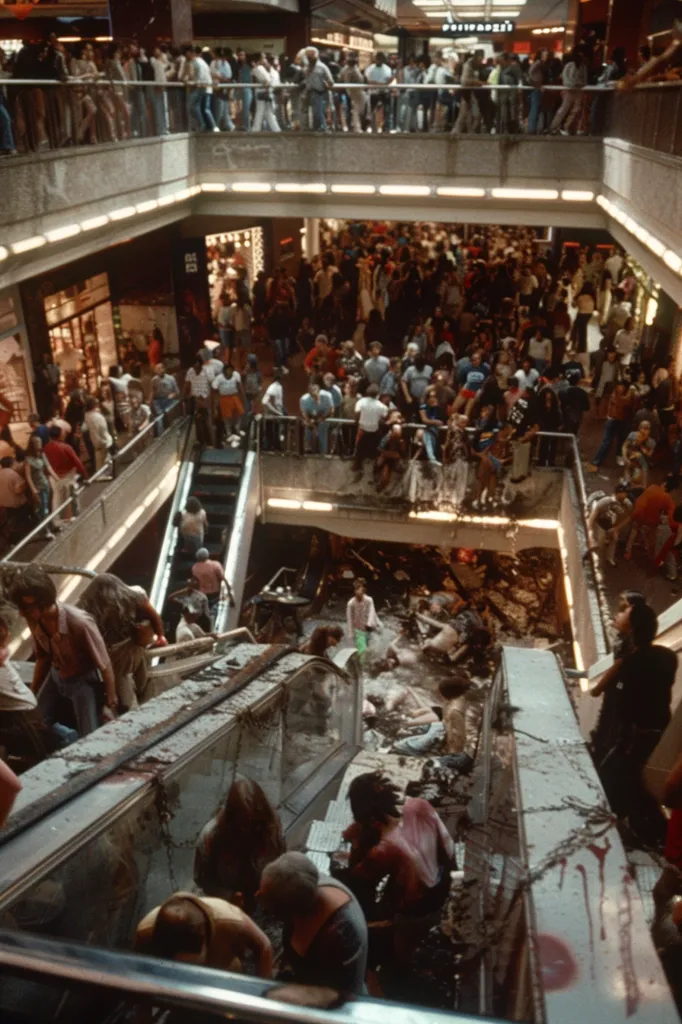 The image shows a chaotic scene inside a shopping mall, with people scattered throughout the different levels. The escalator in the foreground is damaged and covered in debris, while the upper levels are filled with people who appear to be escaping from a dangerous situation. The image captures the immediate aftermath of a disaster, with a sense of urgency and panic.