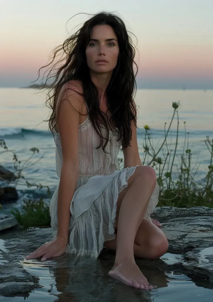 A woman with long dark hair sits on a rocky shore, wearing a white dress. The water laps at her feet, and the sky is a soft pink and orange. She looks wistfully toward the sea, a sense of calm and introspection in her expression.  The image evokes a feeling of quiet solitude and peaceful reflection.