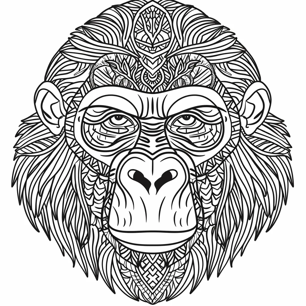 The image depicts a black and white line drawing of a monkey's face. The drawing is intricate and detailed, with the monkey's fur, eyes, nose, and mouth all rendered in a complex pattern of lines and curves. The monkey's face is expressive, with a thoughtful and slightly melancholic look in its eyes. The overall effect is one of both beauty and power.
