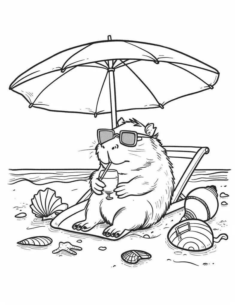 A cartoon hamster is relaxing on a beach chair under a beach umbrella. The hamster is wearing sunglasses and holding a drink in one hand. There are seashells scattered around the beach. This image is a simple line drawing with no color.