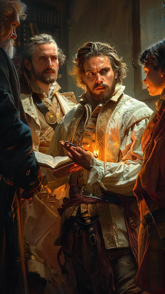 A group of four people stand in a dimly lit room. The man on the left, with a long white beard, is wearing a black cloak. The man in the center, with short brown hair, is wearing a white shirt with gold embroidery and a red sash. He is holding a book and looking down at it. The man on the right, with long black hair, is wearing a white shirt with gold embroidery and a red sash. He is looking at the man in the center. A young woman with dark hair is standing beside the man on the right. She is wearing a red dress with gold embroidery. All four people appear to be involved in a conversation or interaction. The room is lit by a single source of light, which is illuminating the group from above. The scene is one of intrigue and suspense, hinting at a story unfolding between the characters.