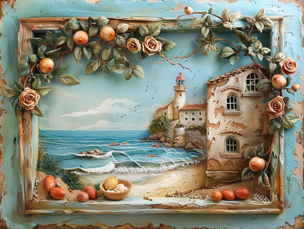 The image shows a 3D artwork depicting a seascape. A small, quaint house with a lighthouse sits on a rocky shore. The ocean is depicted with crashing waves and the scene is framed with a vine of 3D roses and fruit. The artwork is presented in a rustic frame with chipped blue paint. The piece is a whimsical representation of a peaceful seaside scene.