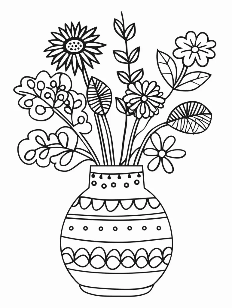A black and white illustration of a vase filled with flowers. The vase is decorated with a pattern of circles, dots, and wavy lines. The flowers are stylized and include a large daisy, smaller daisies, and other floral elements. The image is simple and elegant, suitable for coloring or use as a design element.