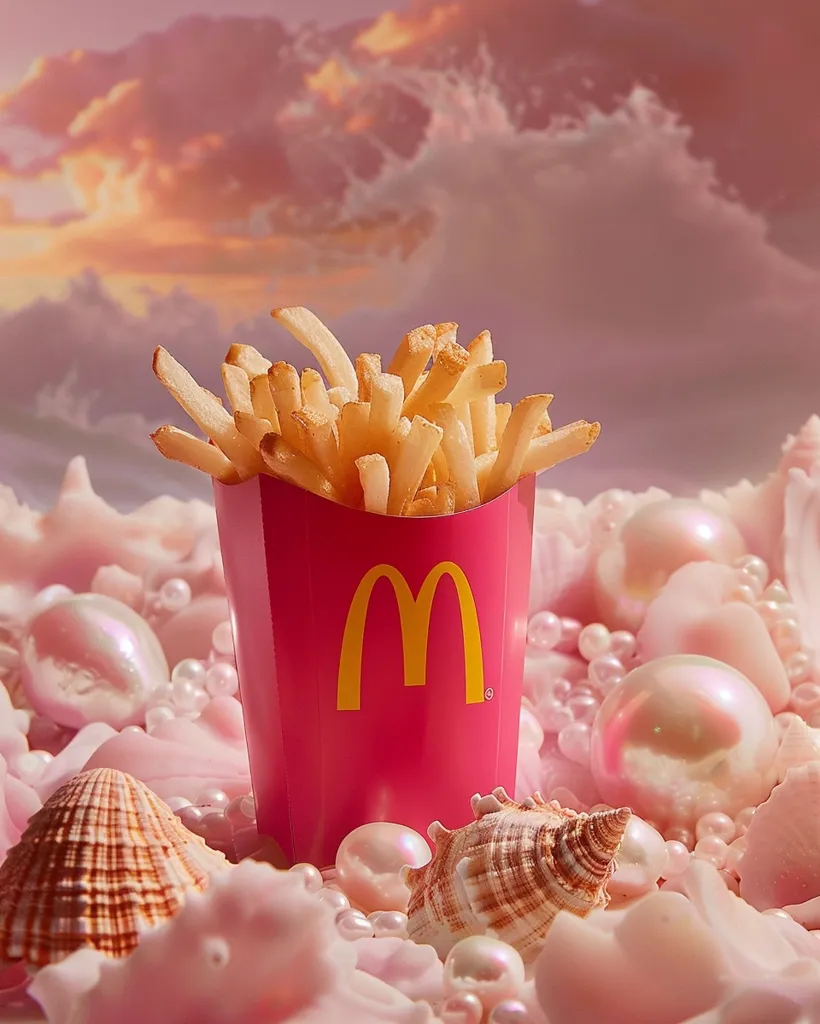 A red McDonald's french fry container filled with golden fries sits on a bed of pink and white pearls and seashells. The background is a soft pink with fluffy clouds. The image creates a surreal and whimsical scene, merging the familiar with the fantastical.