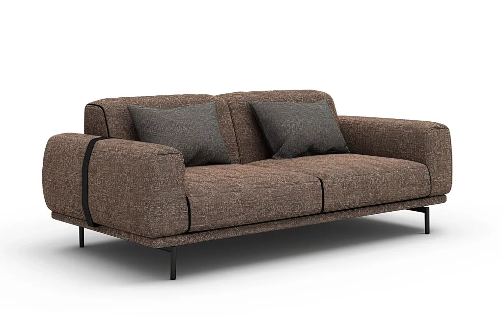 The image shows a brown, modern sofa with two black throw pillows and black legs. The fabric has a subtle pattern and the sofa has a sleek, contemporary design.  The sofa appears to be comfortable and inviting, with clean lines and a minimalist aesthetic.  It is perfect for a living room or lounge area.