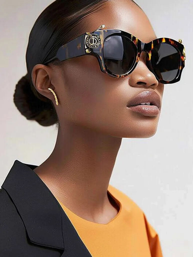 A young woman with dark skin and short, dark hair is wearing a black blazer over a yellow shirt. She is wearing large, tortoiseshell sunglasses with a gold accent on the frame. Her face is turned slightly to the side, and her lips are slightly parted. The image has a bright, clear background.  The image is likely a fashion or beauty photograph.