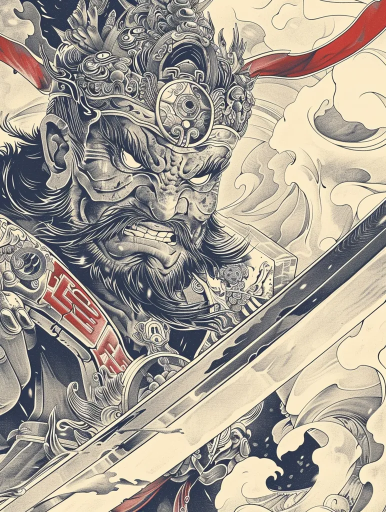 The image depicts a fierce-looking warrior, likely of Japanese origin, with a detailed, ornate helmet and a stern expression. He holds a long sword, and the background is adorned with intricate patterns, including waves and clouds, suggesting a strong connection to the sea and the spiritual realm. The image is rendered in a traditional Japanese art style, using black ink and shading to create depth and detail.  The overall effect is one of power and intensity, evoking a sense of ancient mythology and cultural heritage.