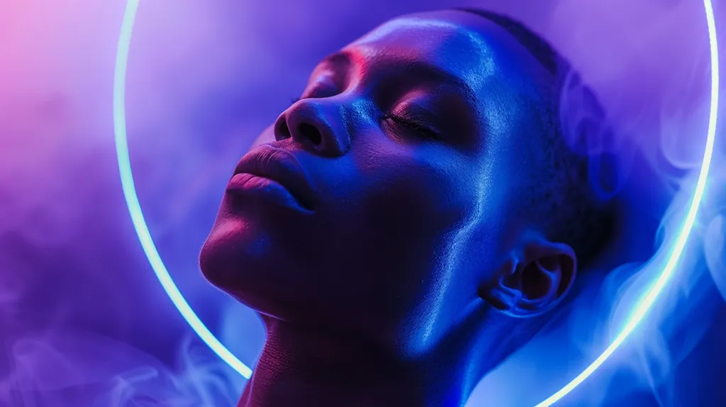 The image features a close-up of a person's face, illuminated by vibrant blue and purple neon lights. The subject's eyes are closed, and their skin is smooth and glowing. A glowing ring of light encircles their head, creating a surreal and ethereal atmosphere. The soft, diffused light and the person's relaxed expression evoke a sense of peace and tranquility.