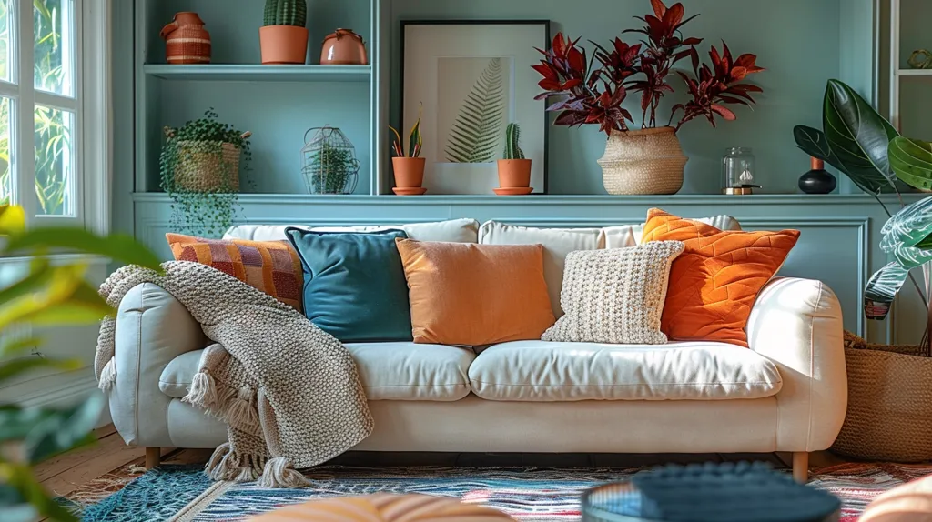 A white sofa sits in a living room with soft lighting. It is adorned with pillows in various textures and colors - teal, orange, and white. A fluffy throw blanket draped over the sofa adds warmth.  The background features a light blue wall with a built-in shelf, showcasing potted plants and decorative items. The overall atmosphere is inviting and cozy.