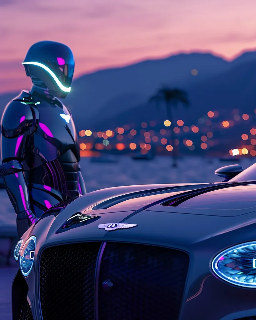 A futuristic robot in a sleek, metallic suit stands beside a sleek black sports car with neon accents. The robot has a glowing blue visor and a metallic, reflective body. The car has a prominent front grille and a distinct winged logo. The scene is set against a backdrop of distant mountains and a city skyline illuminated with warm-toned lights. The overall aesthetic is futuristic and cinematic.