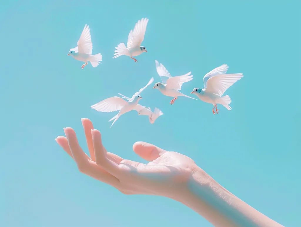 A hand reaches out towards a bright blue sky, where five white doves are flying in formation. The doves are in mid-flight, their wings outstretched. The hand and doves create a sense of hope and peace.  The image has a dreamy and ethereal feel.