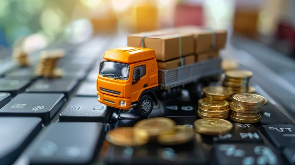 A toy orange semi-truck carrying cardboard boxes sits on a black keyboard. Stacks of gold coins are scattered around the truck, with a blurred out background. The image suggests a concept of online shopping and delivery, or the cost of transportation.  The light is soft, highlighting the details of the truck and coins.