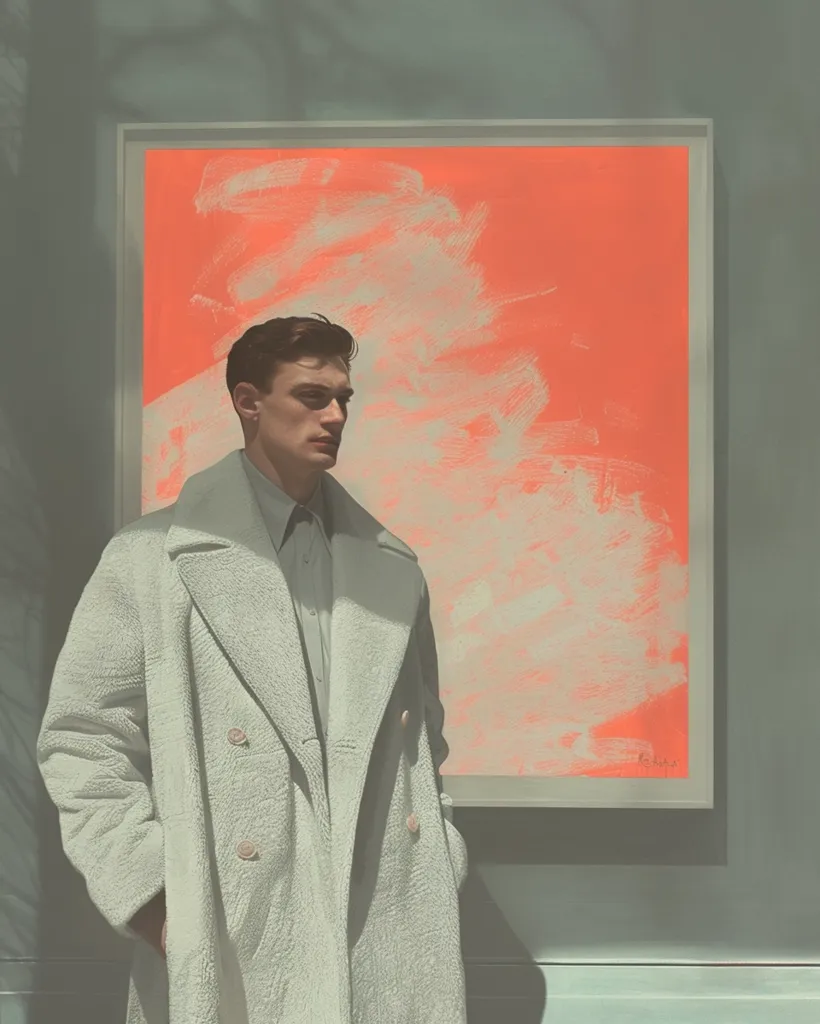 A man in a white coat stands in front of an abstract painting with a bright orange background and white brushstrokes. He looks thoughtfully at the artwork, his face illuminated by a soft light. The image evokes a sense of contemplation and artistic appreciation. The soft tones and textures create a serene and calming atmosphere.  The man's outfit and the painting's colors complement each other, creating a visually harmonious scene.  The composition is simple yet elegant, capturing a moment of quiet contemplation in a world of art.