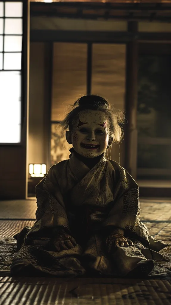 A young girl in a traditional Japanese robe sits on a tatami mat floor. Her face is painted white, with red markings around her eyes and mouth, creating a disturbingly playful expression. The dim lighting and the girl's unsettling appearance evoke a sense of unease and horror. The image is reminiscent of a Japanese horror film.