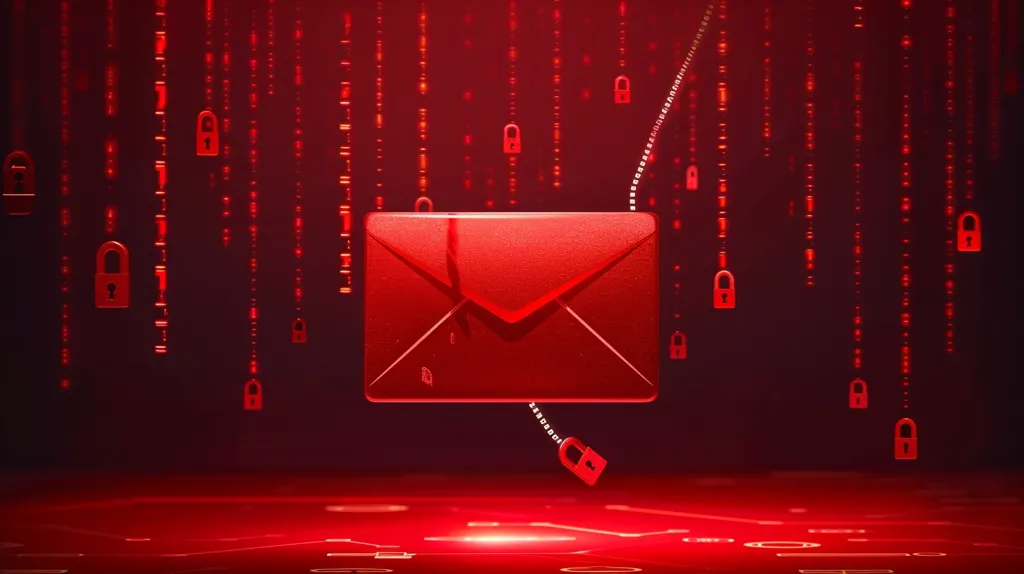 A red envelope is suspended in the air, with multiple chains of red padlocks falling from the top of the image. The background is a dark red with red light emanating from the envelope. This image is a symbolic representation of data security and email encryption.