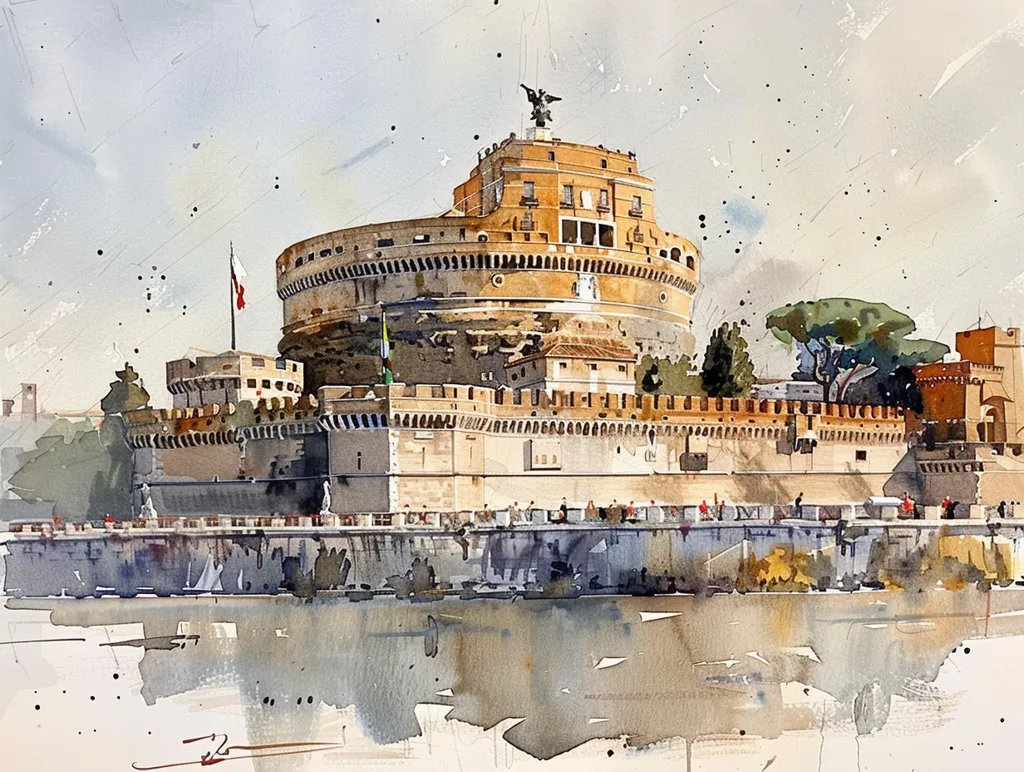The watercolor painting depicts a panoramic view of Castel Sant'Angelo, a historic mausoleum in Rome. The majestic structure, with its cylindrical tower and surrounding walls, stands proudly against a cloudy sky. The Roman fortress is surrounded by a moat with a reflection of the building in the water. Trees dot the surrounding landscape, adding a touch of greenery to the scene. The painting captures the timeless beauty and grandeur of the ancient Roman architecture.