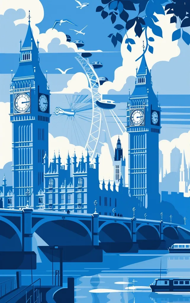 The image is a stylized illustration of the London skyline. Two iconic clock towers stand tall, one on either side of a bridge spanning a river. The river is calm, reflecting the blue sky and the white clouds above.  In the distance, a Ferris wheel rotates slowly, and a few small boats navigate the water. The illustration uses a simple blue palette, creating a serene and classic feel.