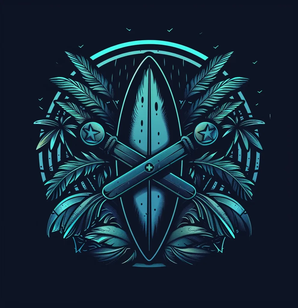 The image is a vibrant, abstract design featuring a surfboard as its central element. The surfboard is surrounded by tropical leaves and palm trees, creating a sense of a beachy paradise. The design is rendered in a dark blue color palette with neon green highlights, adding a modern and stylish touch. The image evokes a feeling of relaxation, fun, and summer adventure.