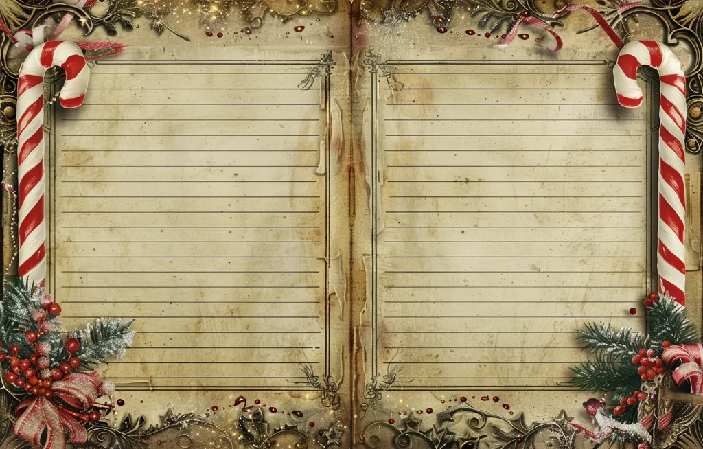 The image is a vintage-style Christmas themed journal or scrapbook page with lined pages.  The edges are decorated with holly, candy canes, and ornate scrollwork.  There is a faded, aged feel to the paper, evoking a sense of nostalgia.  The page is blank, ready for writing or scrapbooking.