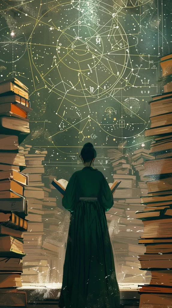 A woman in a long green dress stands between two towering stacks of books, gazing up at a glowing green and gold constellation chart drawn on a wall. The chart is filled with intricate lines connecting stars and symbols, evoking a sense of cosmic wonder. The woman's pose suggests contemplation and awe, highlighting the power of knowledge and the boundless potential of the universe.  The scene is illuminated with a warm, inviting glow.