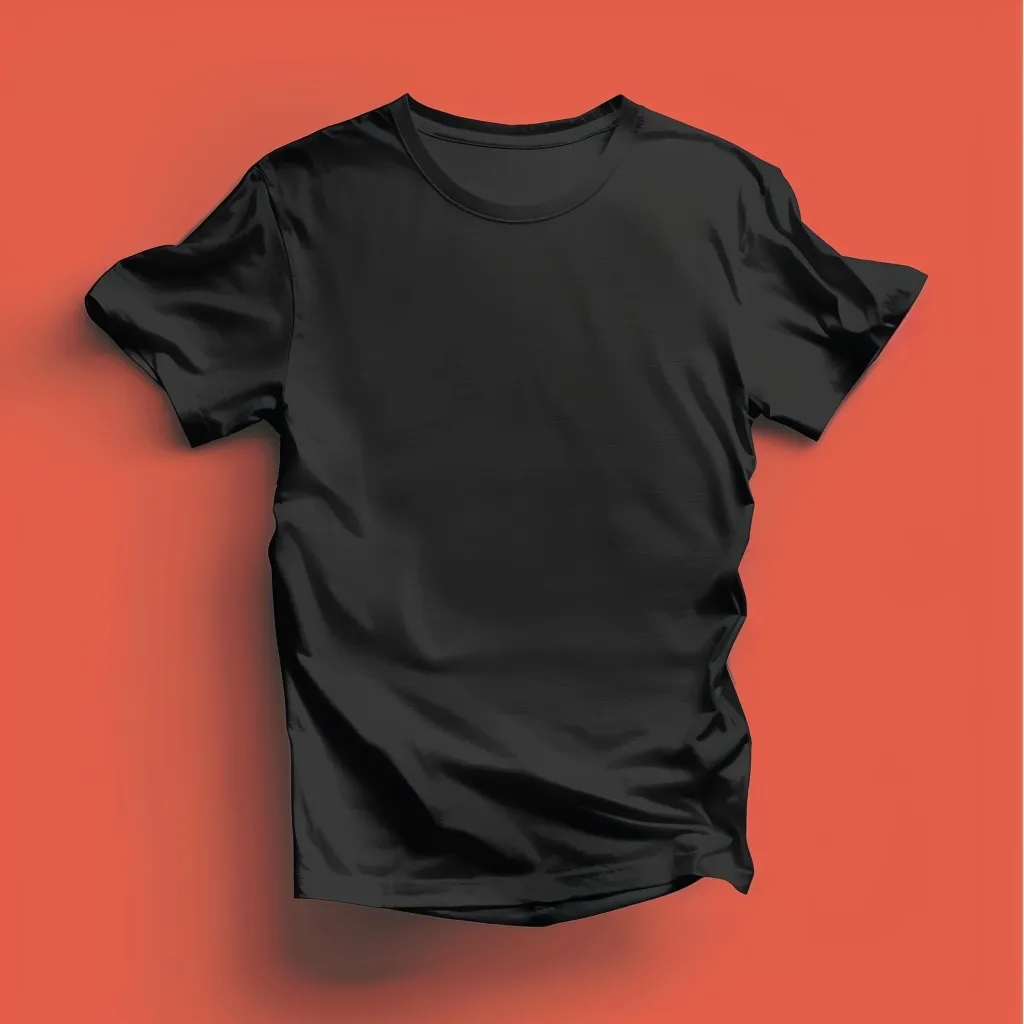 The image shows a black t-shirt with short sleeves and a crew neckline. The t-shirt is lying flat on a bright orange background, with some folds and wrinkles visible. It is a simple, blank t-shirt, ready for customization.
