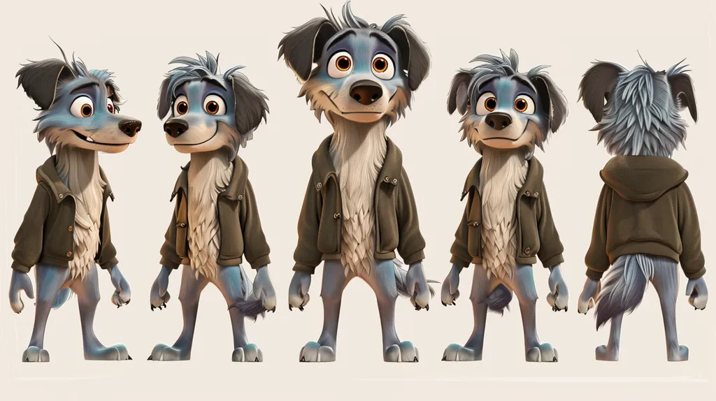 The image shows five different angles of a 3D animated character, a blue and grey wolf-like creature. It is wearing a brown bomber jacket. The character is looking directly at the viewer in the center image, while the other angles showcase its side, back, and front profiles. The background is a simple white color. The character looks friendly and animated with expressive eyes and a slight smile.