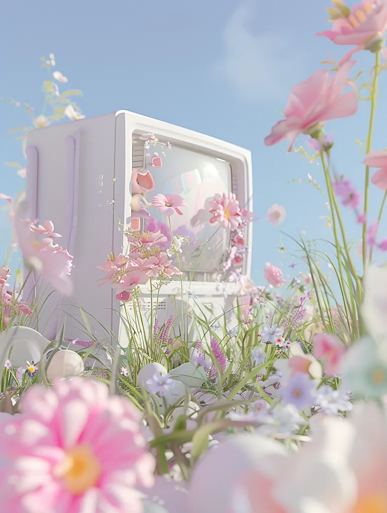 A white television set is half-submerged in a field of pastel pink and white flowers. The TV screen is reflecting the surrounding floral scene, creating a dreamy and surreal atmosphere. The sky is a soft blue, and the overall feeling is one of gentle beauty and tranquility.