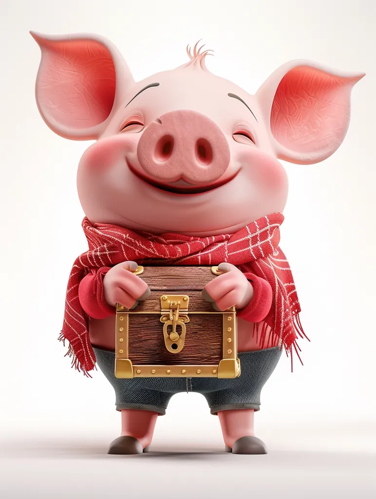 A cartoon pig with a cheerful expression is holding a wooden treasure chest with golden accents. It wears a red and white plaid scarf and blue denim shorts. The pig has large, pink ears and a happy smile. The background is white.  The image is playful and whimsical.