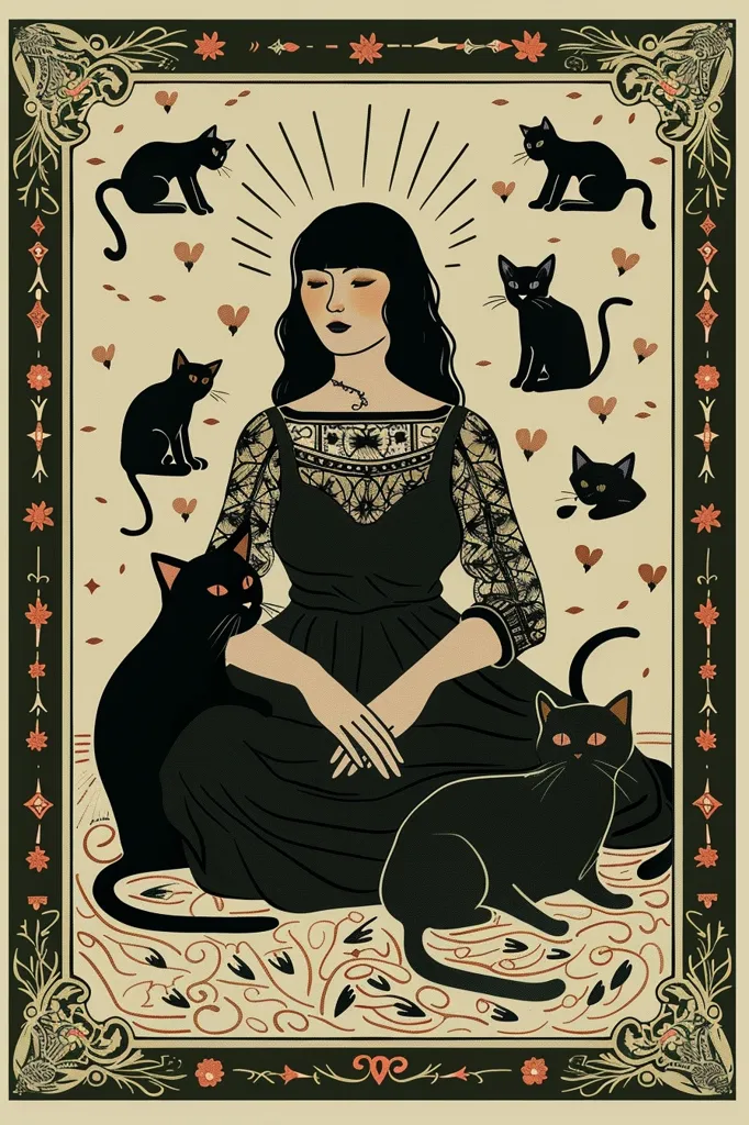A woman with long black hair sits in a black dress, surrounded by black cats in an ornate frame. The woman has a serene expression and a halo of light above her head. The illustration has a gothic aesthetic, with a dark color scheme and intricate details.