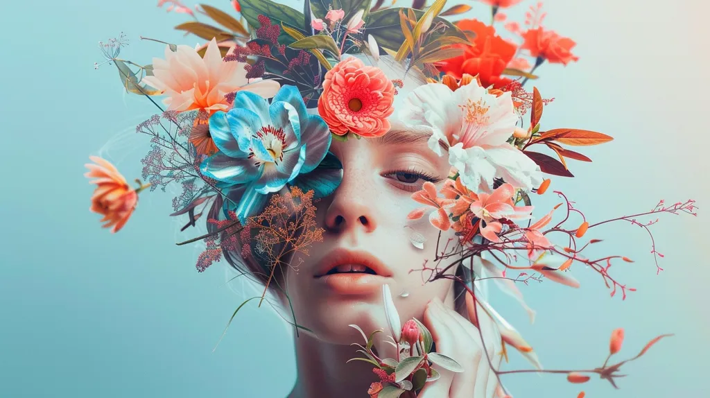 A woman's face is obscured by a vibrant arrangement of flowers in various shades of pink, blue, and red. The flowers appear to be growing from her head, creating a surreal and ethereal effect. The background is a soft, light blue, emphasizing the colorfulness of the floral display. The image evokes a sense of beauty, nature, and the delicate balance between human and natural elements.